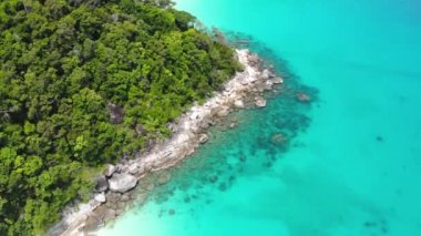 Parlak bir günde, tropik yeşilliğin yakınındaki kayalık kıyı şeridine kuş bakışı bakış açısı
