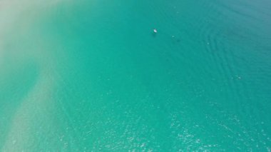 Etrafı yeşilliklerle çevrili mavi su plajının insansız hava aracı görüntüsü