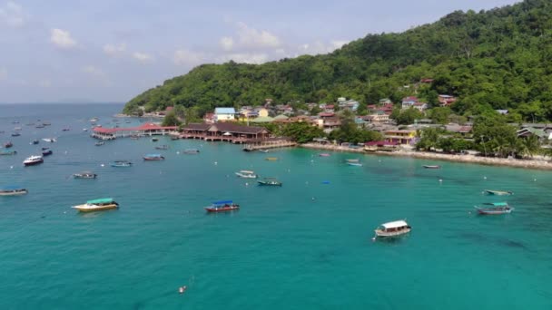 Aerial View Fisherman Village Perhentian Island Tropical Mountains — Stock Video