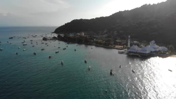 Drone View Boats Sea Coastline Surrounded Mountains — Stock Video