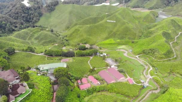 Uitzicht Vanuit Lucht Huizen Omgeven Door Een Prachtig Groen Berglandschap — Stockvideo
