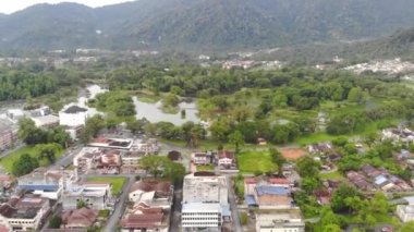 Renkli evleri çevreleyen yeşilliklerin havadan görünüşü - geriye doğru hareket ediyor