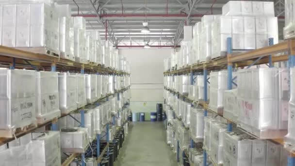 White Paint Box Stacked Shelves Factory Warehouse — Stock Video