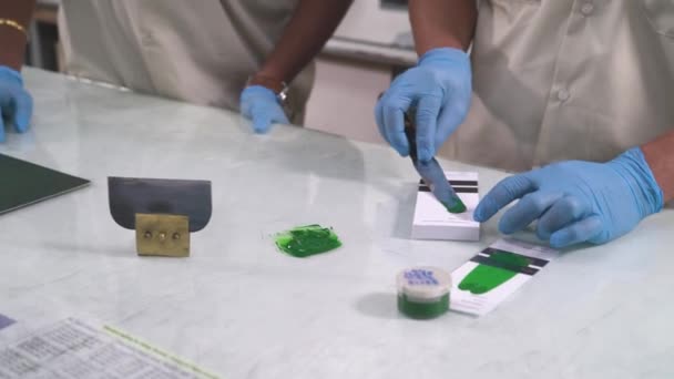 Arbeiter Mit Handschuhen Beim Mustertest Grüner Farbe — Stockvideo