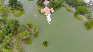 Göl bahçesindeki güzel iskelenin Evergreen drone manzarası