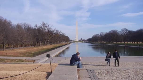 Man Sitting Phone People Walking Water Source Monument Static — Vídeos de Stock