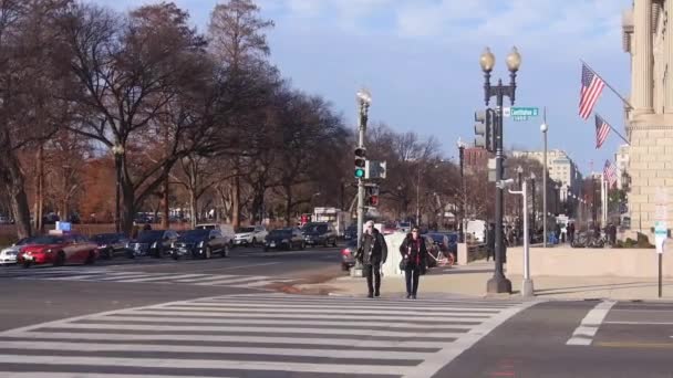 People Crossing Street Zebra Crossing Monument Static — Αρχείο Βίντεο