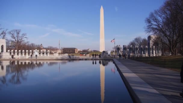 Woman Walking Monument Its Reflection Water Source Back Static — Stok video