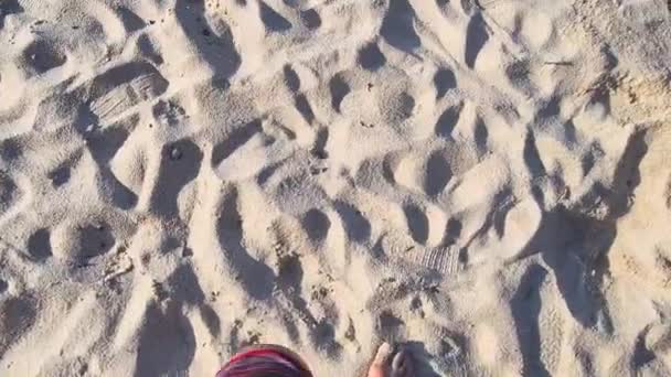 Man Walking Sandy Beach Waves Coming — Stock Video