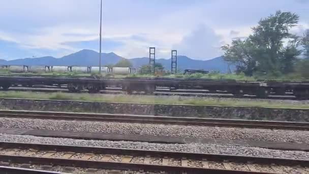 Vista Panorâmica Uma Estação Ferroviária Vegetação Durante Dia — Vídeo de Stock