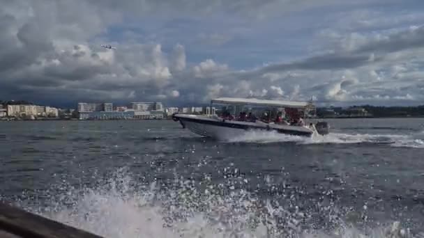 Csónakok Haladnak Előre Hullámzó Tengeren Napközben — Stock videók