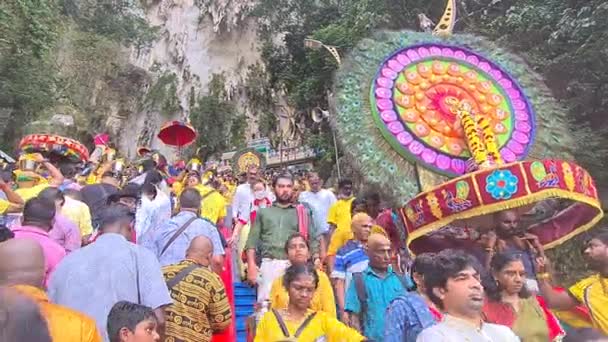 Ασιάτες Ινδουιστές Μεταφέρουν Όμορφη Kavadi Στις Σκάλες Του Ναού Murugan — Αρχείο Βίντεο