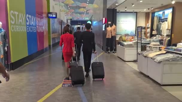 Zakenmensen Die Met Hun Koffers Naar Terminal Lopen — Stockvideo