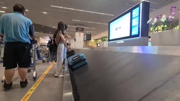 Meisjes Die Hun Koffers Wachten Een Bagagecarrousel Een Luchthaven — Stockvideo