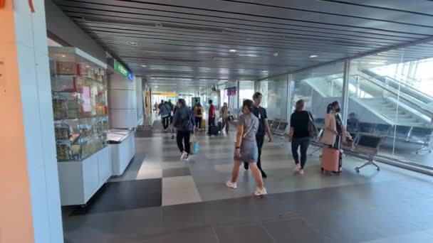 Viajeros Deambulando Con Sus Maletas Salón Del Aeropuerto — Vídeos de Stock