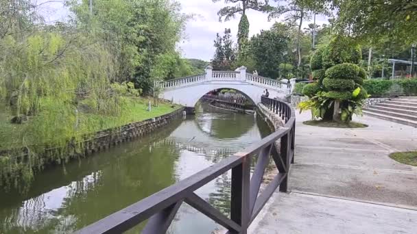 环绕着绿地的一座美丽的白桥 — 图库视频影像