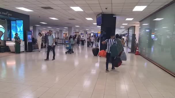 Amerikanen Lopen Naar Luchthaven Terminal Met Hun Koffers — Stockvideo