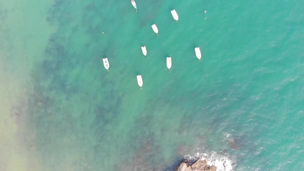 Luftaufnahme Weißer Boote Klarem Strandwasser Und Felsiger Küste — Stockvideo