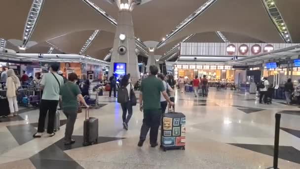 Muži Ženy Zelenou Košilí Kráčející Kufry Letišti — Stock video