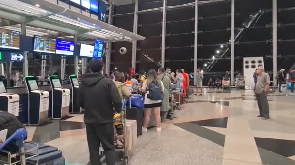 Travelers Standing Queue Luggage Airport — Stock Video