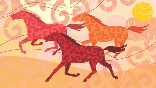 Vektorbild Von Pferden Die Mit Kasachischen Nationalornamenten Über Die Steppe — Stockvektor