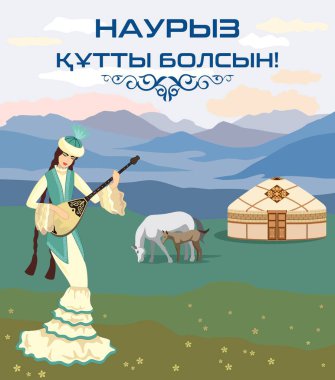 Bozkır ve dağların arkasında bir dombra olan Kazak milli kostümlü dansçı bir kızın vektör görüntüsü. Kazakça çeviri - Nauryz tatili için tebrikler