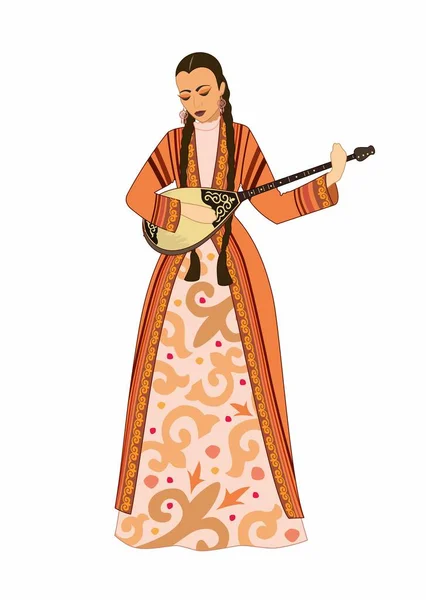 Vektorová Ilustrace Krásná Mladá Žena Kazašském Národním Kostýmu Hraje Hudební — Stockový vektor
