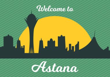 Vektör çizimi. Kazakistan Cumhuriyeti Astana Günü için şenlikli kartpostal, manzara siluetleri.