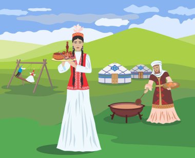 Nauryz kutlamasının arka planında Kazak milli kostümlü genç bir kızın vektör görüntüsü