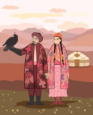 Bozkır arka planında Kazak ulusal kostümlü bir kadın ve bir adamın vektör görüntüsü. Altın kartal avı, halk oyunları, eğlence