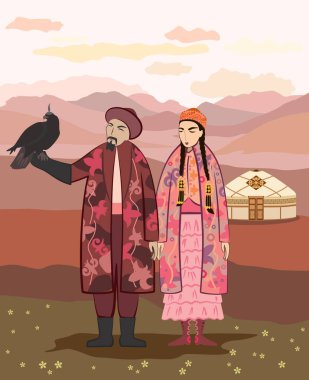 Vector image of a woman and a man with an eagle in a Kazakh national costume on a steppe background. Golden eagle hunting, folk games, entertainment clipart