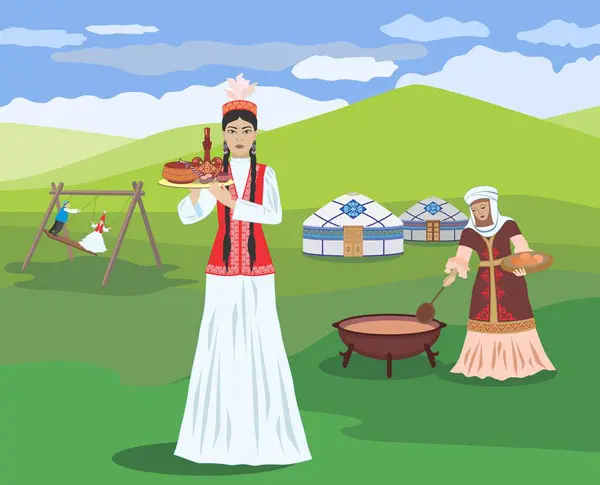 Nauryz kutlamasının arka planında Kazak milli kostümlü genç bir kızın vektör görüntüsü
