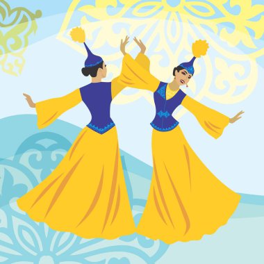 Vektör çizimi. Kazak milli kostümünde dans eden iki güzel genç kadın süs eşyaları ve geleneksel Kazak sembolleri üzerinde. Nauryz ya da Anneler Günü için bir kartpostal.