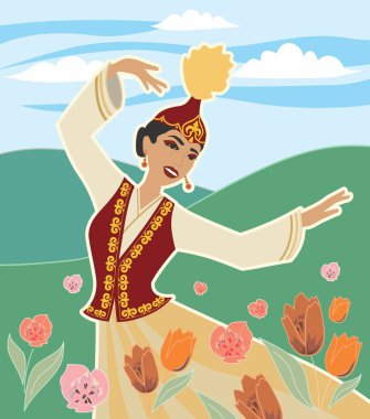 Bir vektör görüntü. Steppe manzarası, arka planda güzel bir dağ manzarası, Kazak milli kıyafetiyle dans eden güzel bir Kazak kızı ön planda.