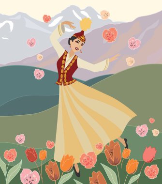 Bir vektör görüntü. Steppe manzarası, arka planda güzel bir dağ manzarası, Kazak milli kıyafetiyle dans eden güzel bir Kazak kızı ön planda.