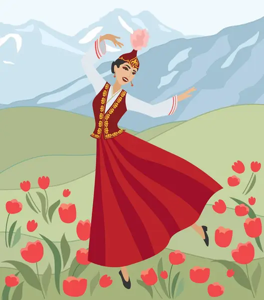 Bir vektör görüntü. Steppe manzarası, arka planda güzel bir dağ manzarası, Kazak milli kıyafetiyle dans eden güzel bir Kazak kızı ön planda.