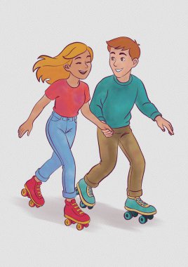 Genç çift yalnız başına paten kayıyor.