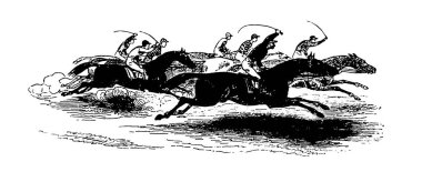 19th-century illustration of print depicting horse racing. Published in Proben-Album, Buchdruckerei Julius Klinkhardt, Leipzig, Germany (1881).