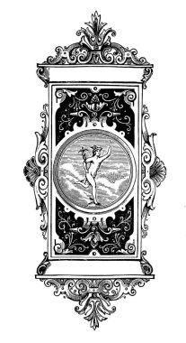 Antique 19th-century engraving of typographic vignette depicting Mercury - Roman god of trade. Published in Proben-Album, Buchdruckerei Julius Klinkhardt, Leipzig, Germany (1881).