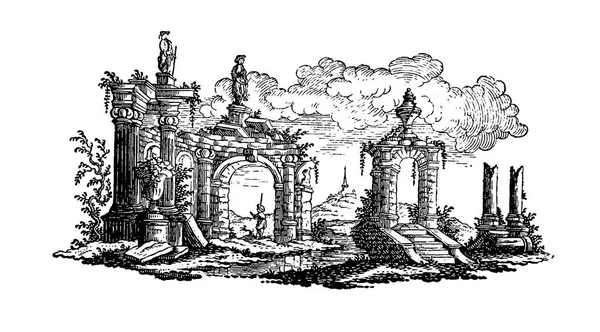 19th-century engraving depicting antique ruins. Published in Proben-Album, Buchdruckerei Julius Klinkhardt, Leipzig, Germany (1881).