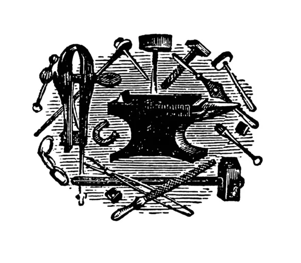 Antique illustration of print depicting blacksmith tools. Published in Proben-Album, Buchdruckerei Julius Klinkhardt, Leipzig, Germany (1881).