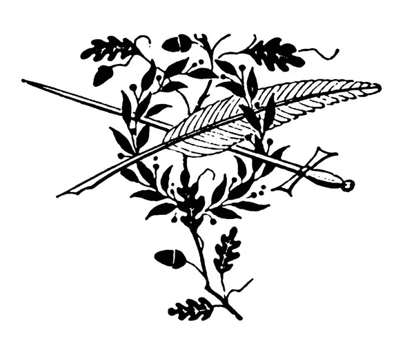 Antique engraving of vignette with sword and feather. Published in Proben-Album, Buchdruckerei Julius Klinkhardt, Leipzig, Germany (1881).