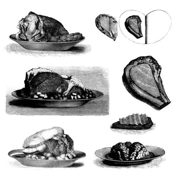 Antique Engraving Collection Beef Gourmet Dishes Left Right Roast Beef — Stok fotoğraf