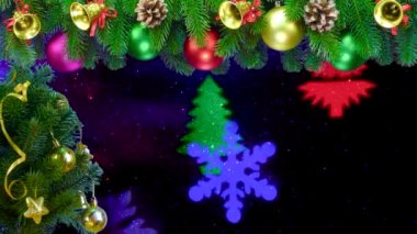 Noel ağacı ve Noel ağacı dalları uçan animasyonun arka planında Noel süslemeleri ile süslenmiştir.