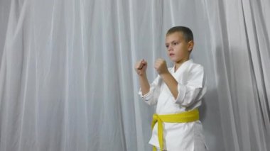 On a light background, an athlete in karategi and with a yellow belt trains kicks