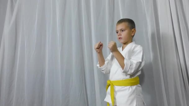 Light Background Athlete Karategi Yellow Belt Trains Kicks — Vídeo de Stock