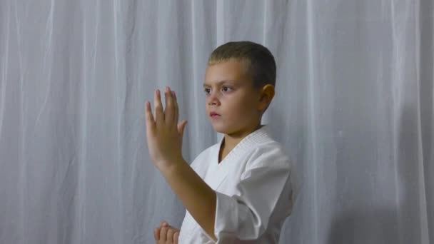 Sobre Fondo Claro Atleta Karategi Con Cinturón Amarillo Entrena Golpes — Vídeo de stock