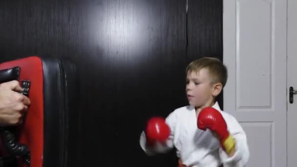Αγόρι Αθλητής Κόκκινα Μαξιλάρια Στα Χέρια Του Εκπαιδεύει Γροθιές Στον — Αρχείο Βίντεο