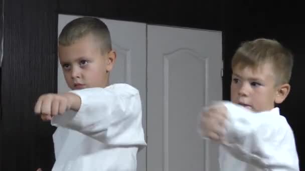 Boys Athletes Yellow Red Belts Perform Punches — Stok video