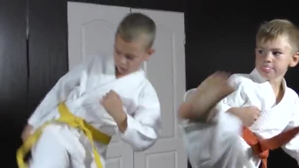 Boys Athletes Yellow Red Belt Hitting Circular Kicks — Stok video